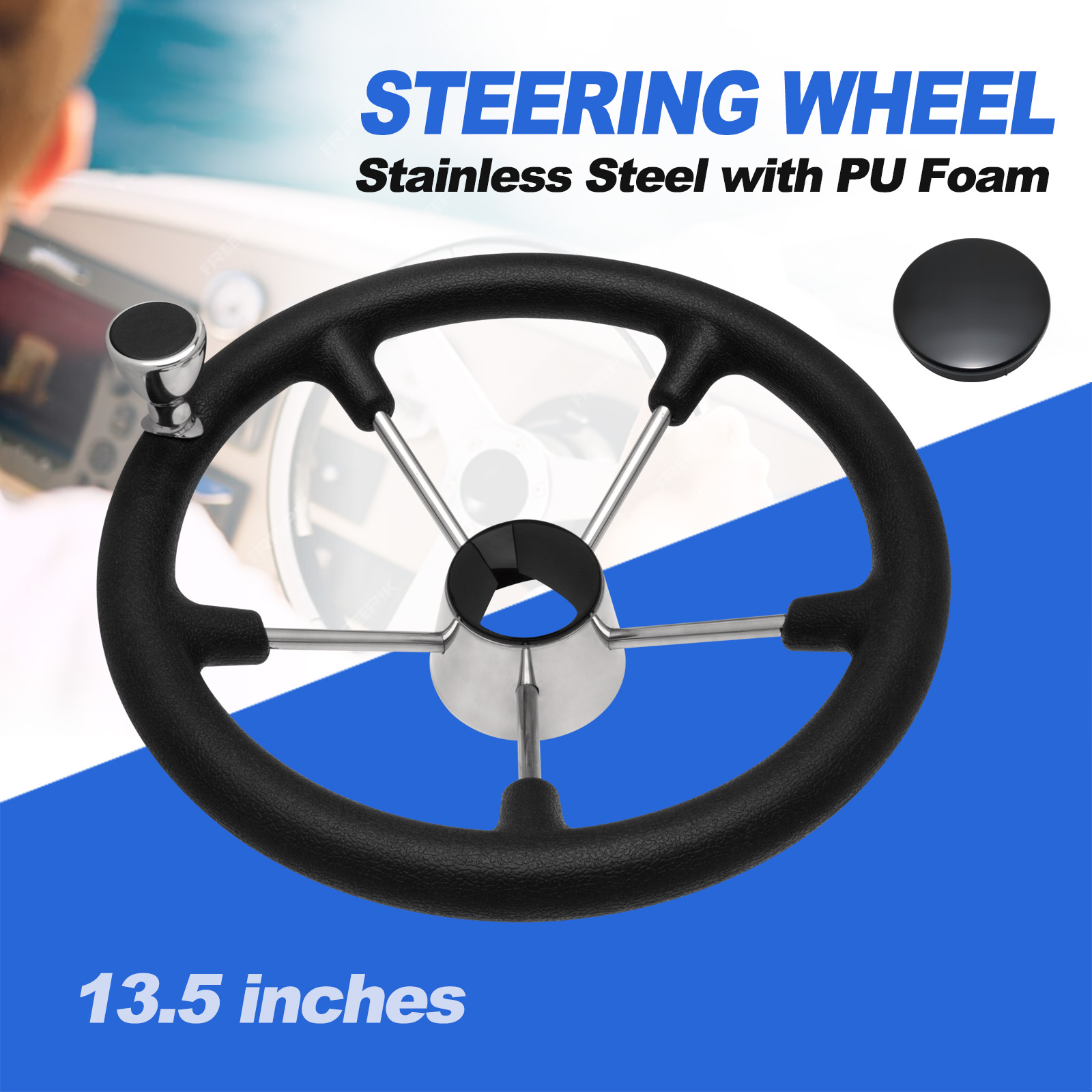 Fishing Boat Steering Wheel - 13,5'' 5-spaaks roestvrijstalen bootstuur met knop